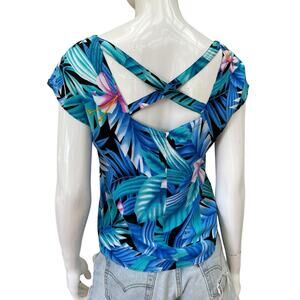 Vintage 80’s Tropical Jungle Print Open Back Rayon Top, Small